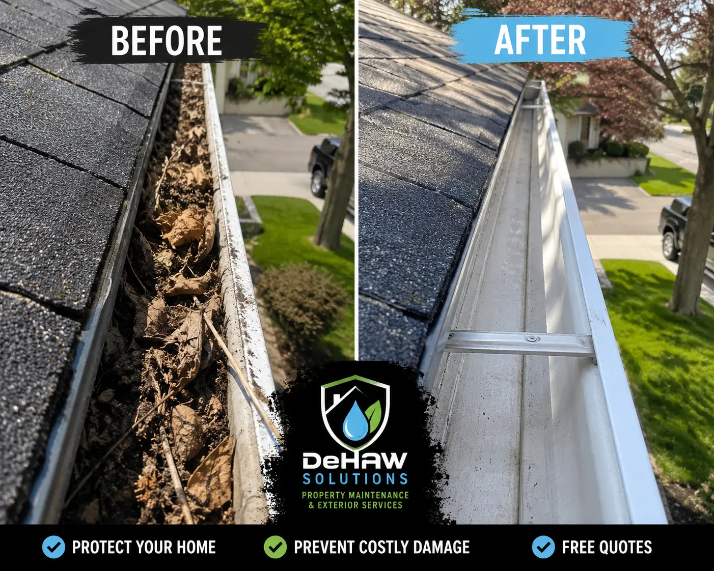 Illustrative before and after gutter cleaning example